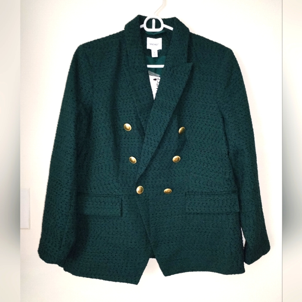 NWT NINE WEST Women's Green Double Breasted Blazer Size P/Large